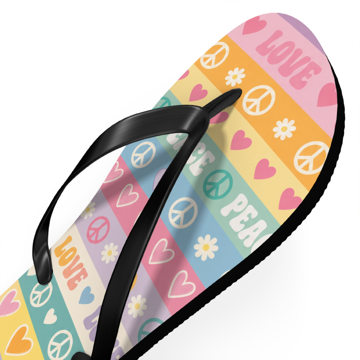 Peace & Love Striped Flip Flops — Colorful Heart & Peace Sign Summer Sandals