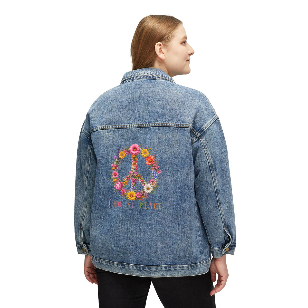 Women's Denim Jacket with Floral Peace Sign Embroidery – Boho Retro Jean Jacket