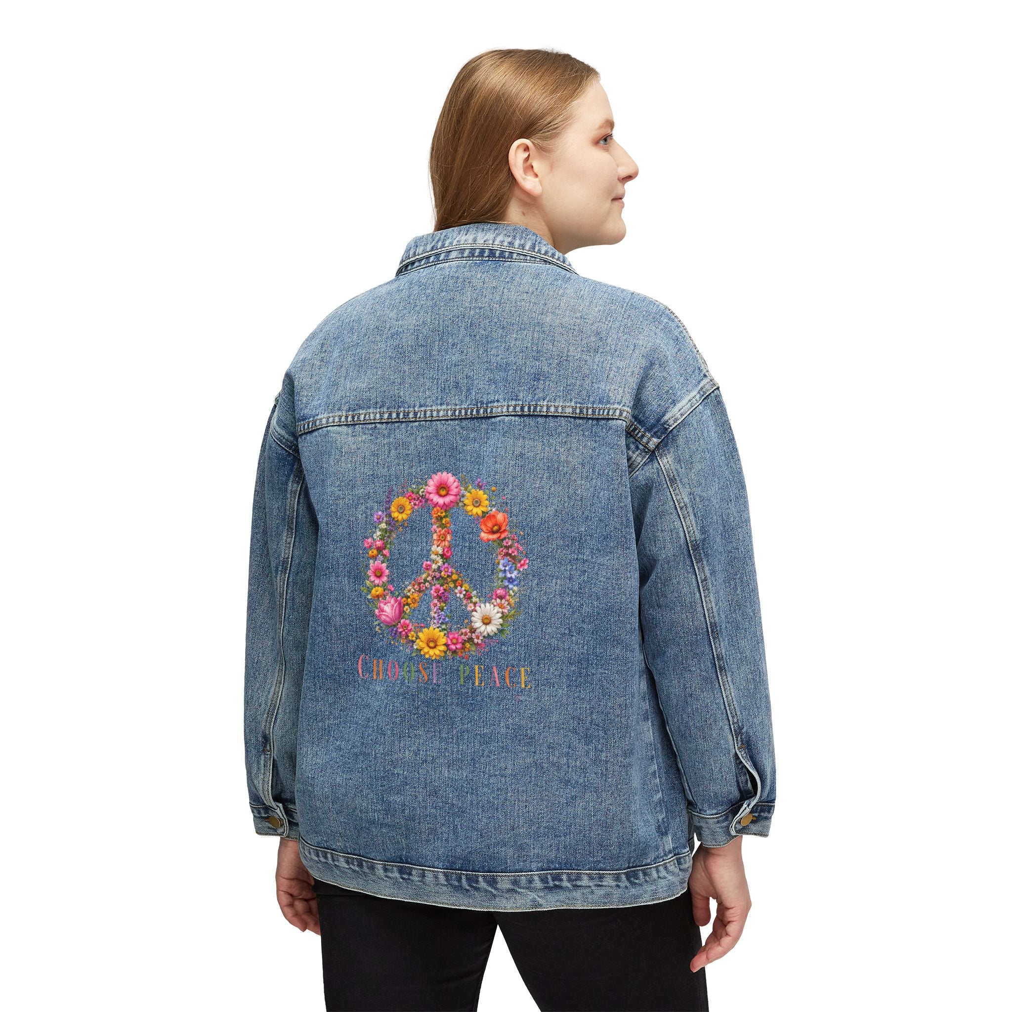 Women's Denim Jacket with Floral Peace Sign Embroidery – Boho Retro Jean Jacket