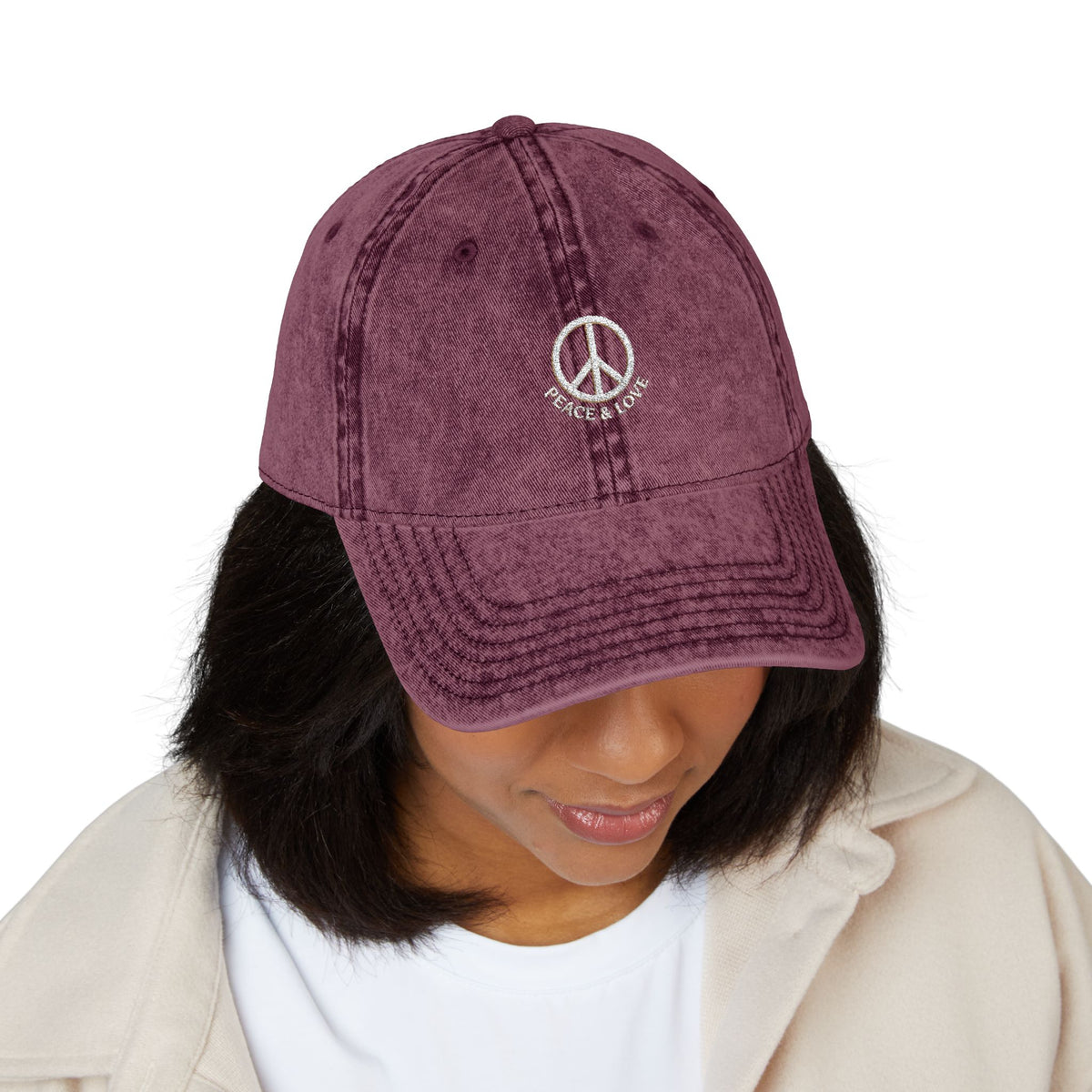 Vintage Embroidered Peace Sign Cap — "Peace & Love" Washed Baseball Hat