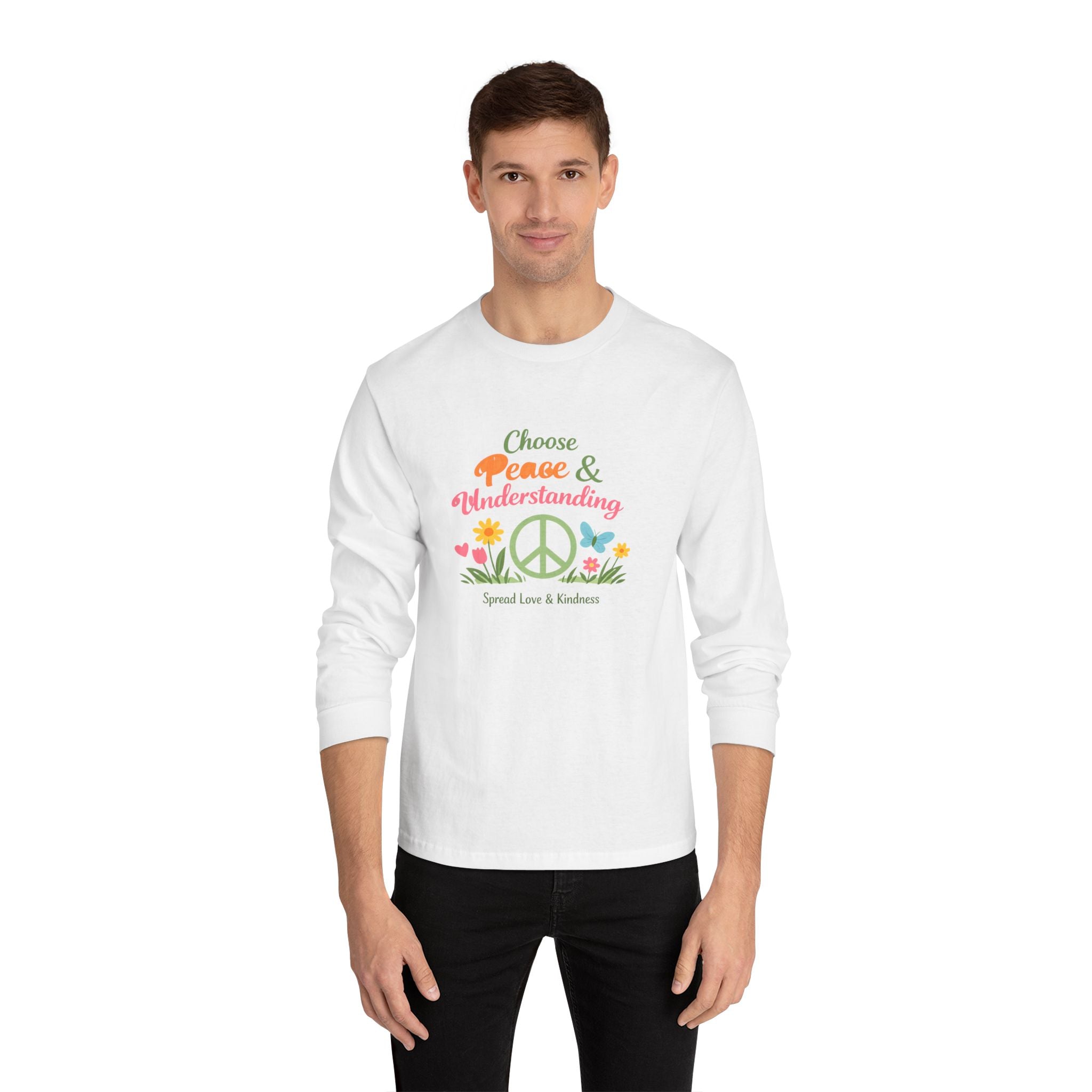 Peace & Understanding Long Sleeve Tee — "Choose Peace & Understanding" Floral Peace Sign Shirt