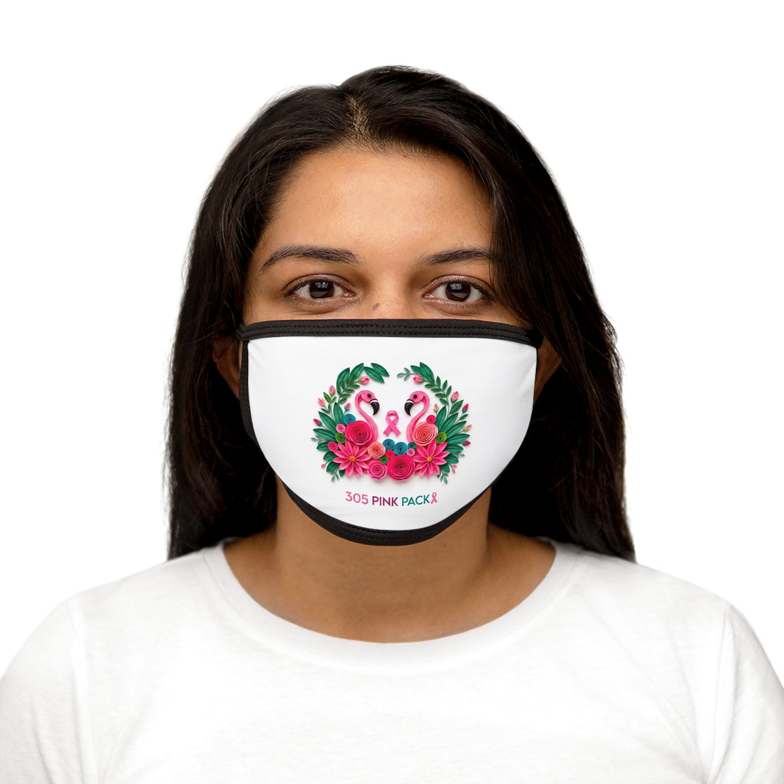 Flamingo Pink Ribbon Face Mask — Floral Breast Cancer Awareness Mask