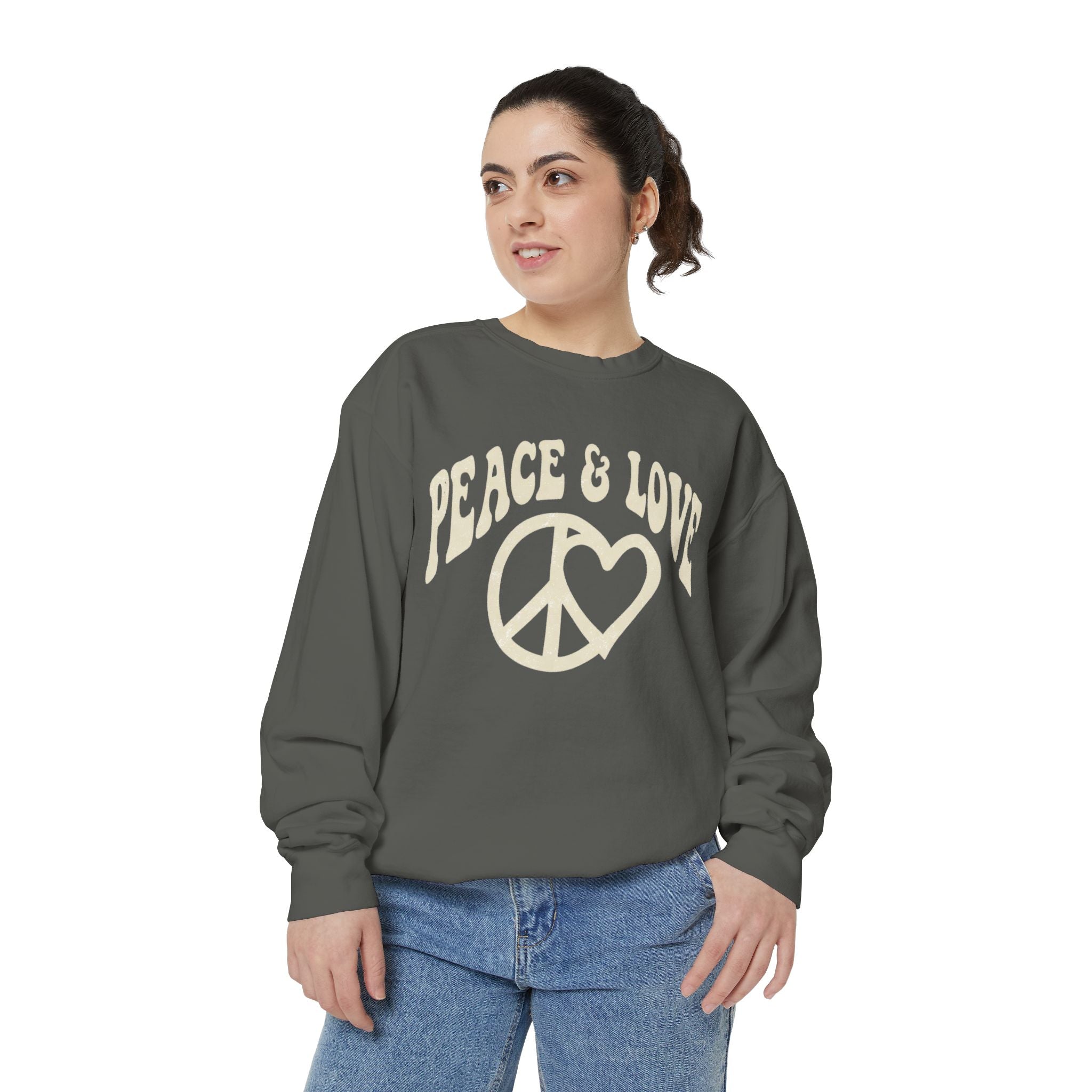 Peace & Love Sweatshirt — Retro Peace Heart Graphic Crewneck