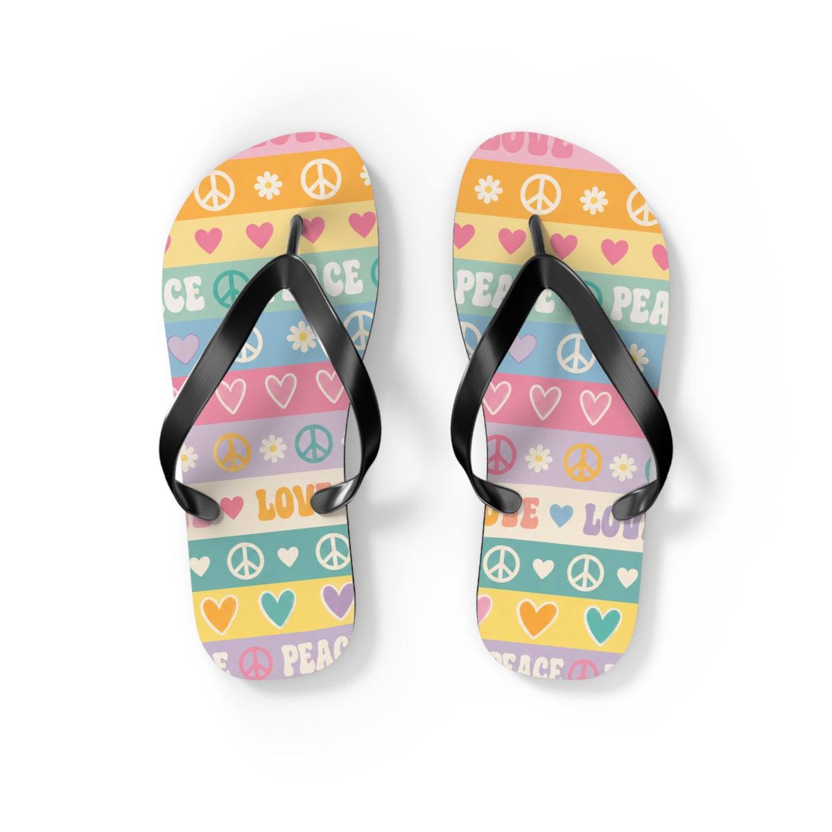 Peace & Love Striped Flip Flops — Colorful Heart & Peace Sign Summer Sandals