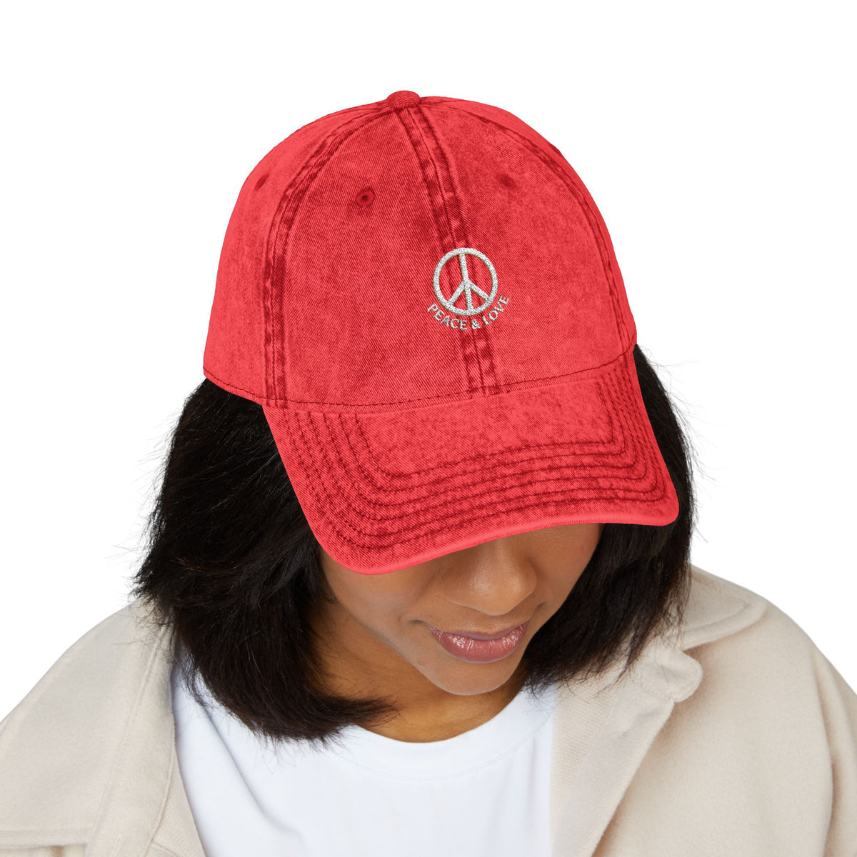 Vintage Embroidered Peace Sign Cap — "Peace & Love" Washed Baseball Hat