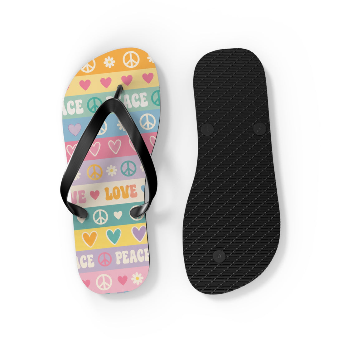Peace & Love Striped Flip Flops — Colorful Heart & Peace Sign Summer Sandals