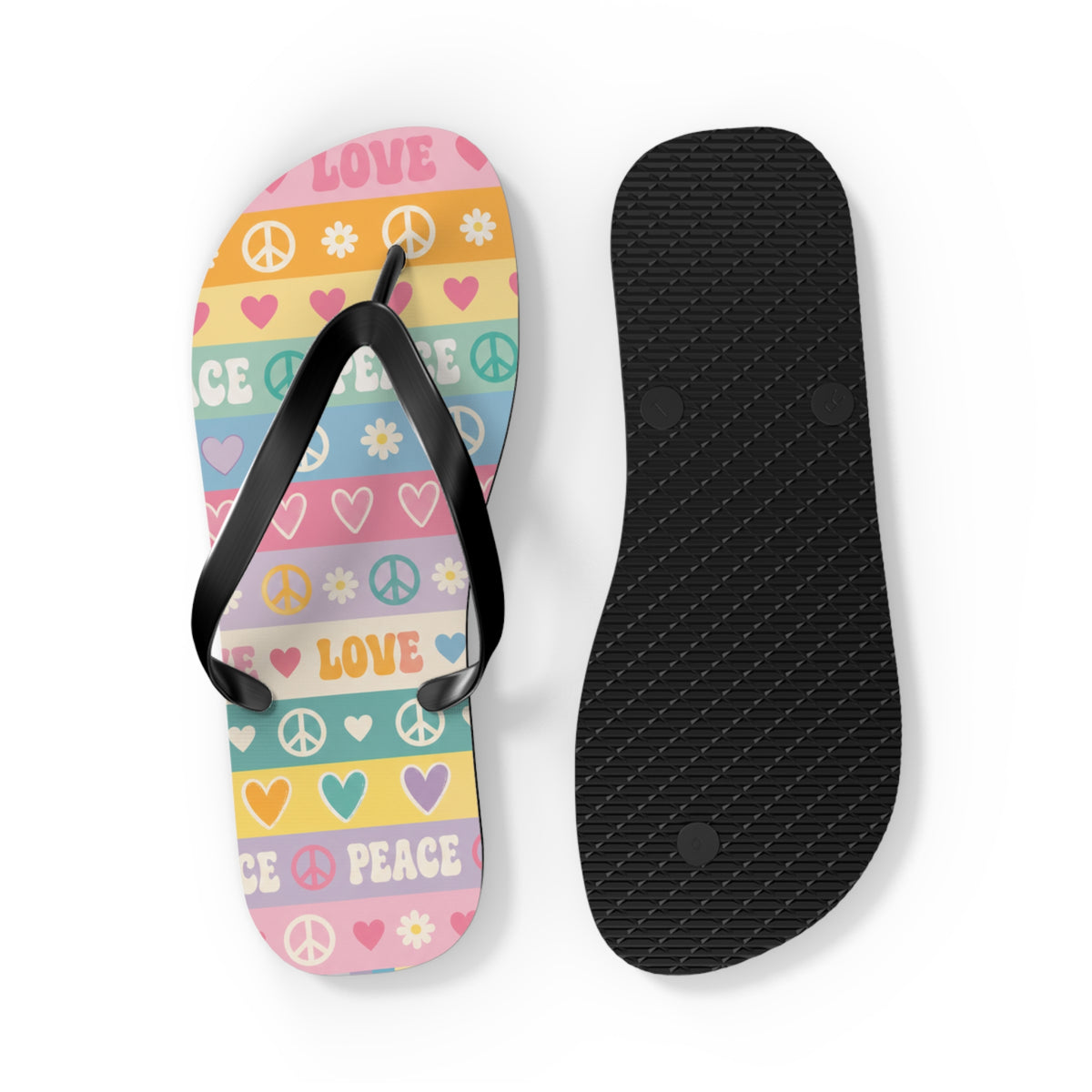 Peace & Love Striped Flip Flops — Colorful Heart & Peace Sign Summer Sandals