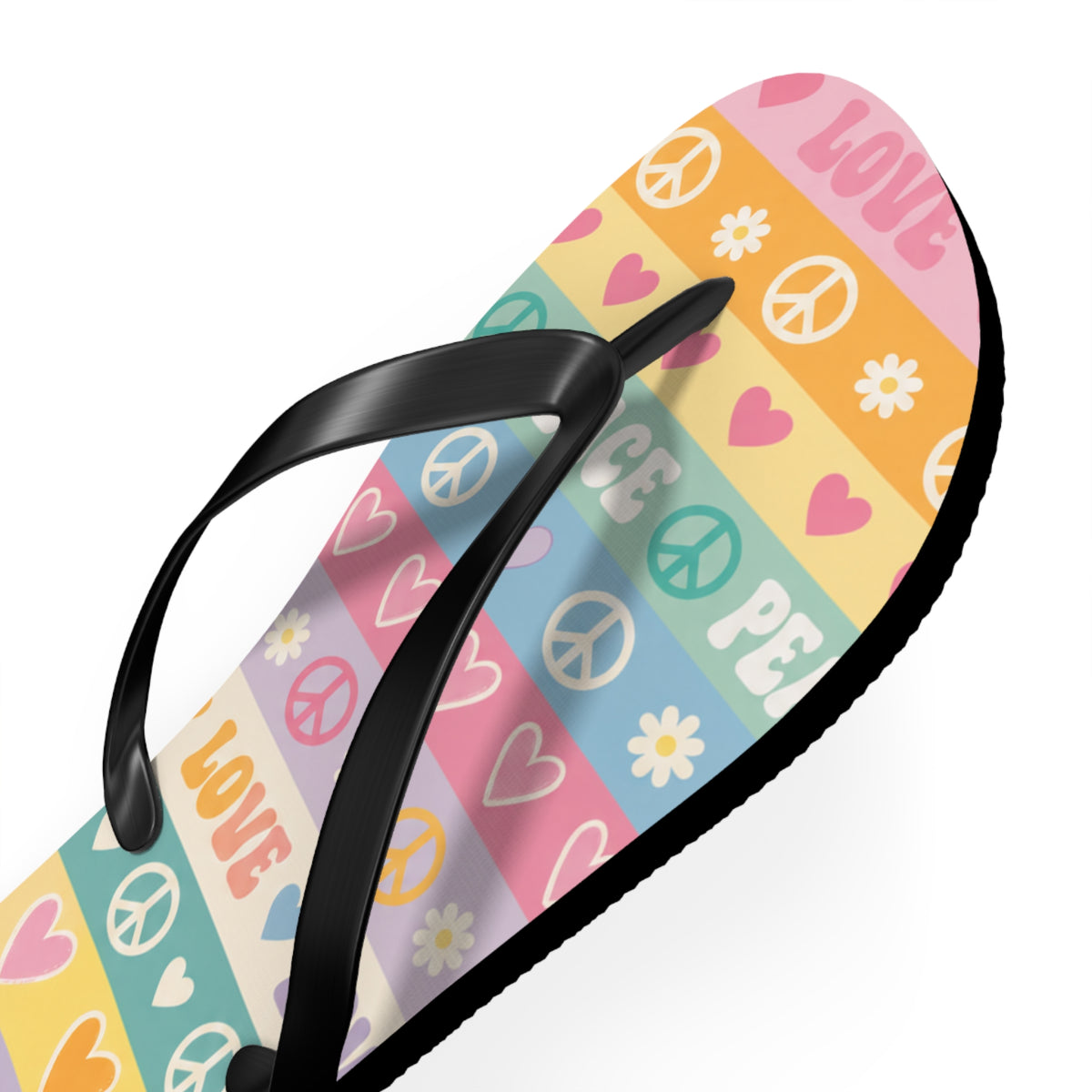 Peace & Love Striped Flip Flops — Colorful Heart & Peace Sign Summer Sandals