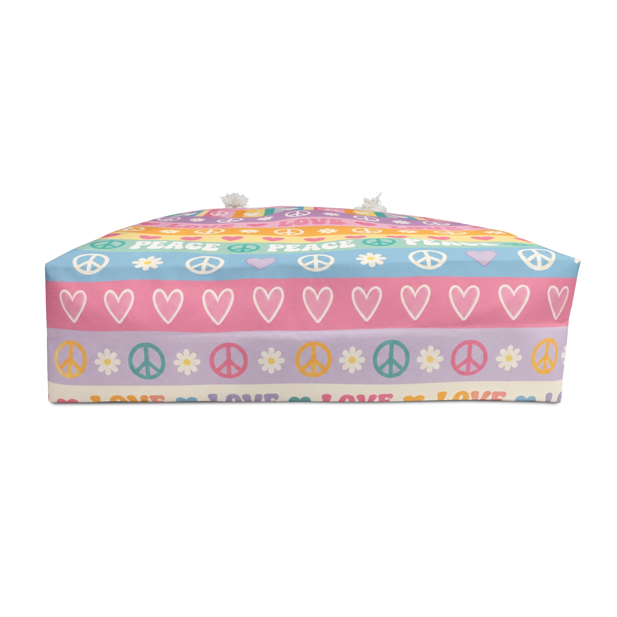 Peace & Love Striped Weekender Bag — Pastel Hippie Travel Tote