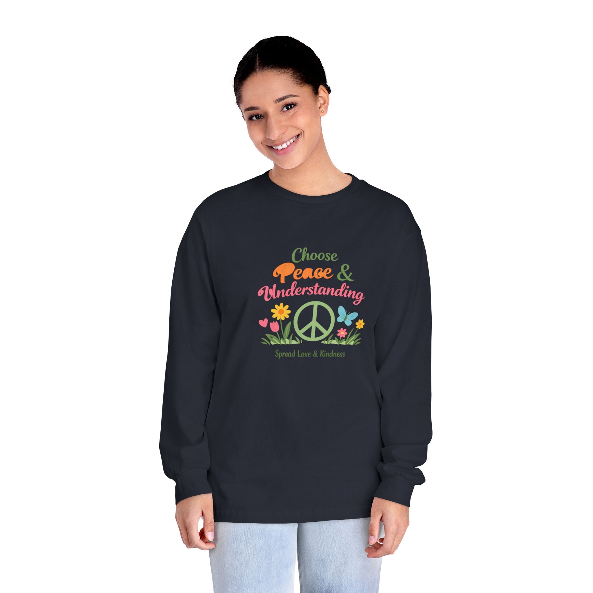 Peace & Understanding Long Sleeve Tee — "Choose Peace & Understanding" Floral Peace Sign Shirt