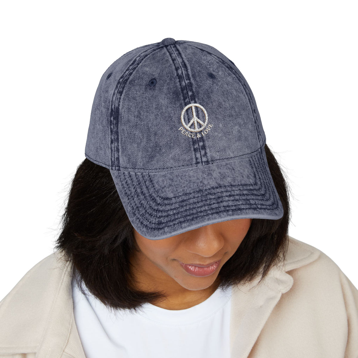 Vintage Embroidered Peace Sign Cap — "Peace & Love" Washed Baseball Hat