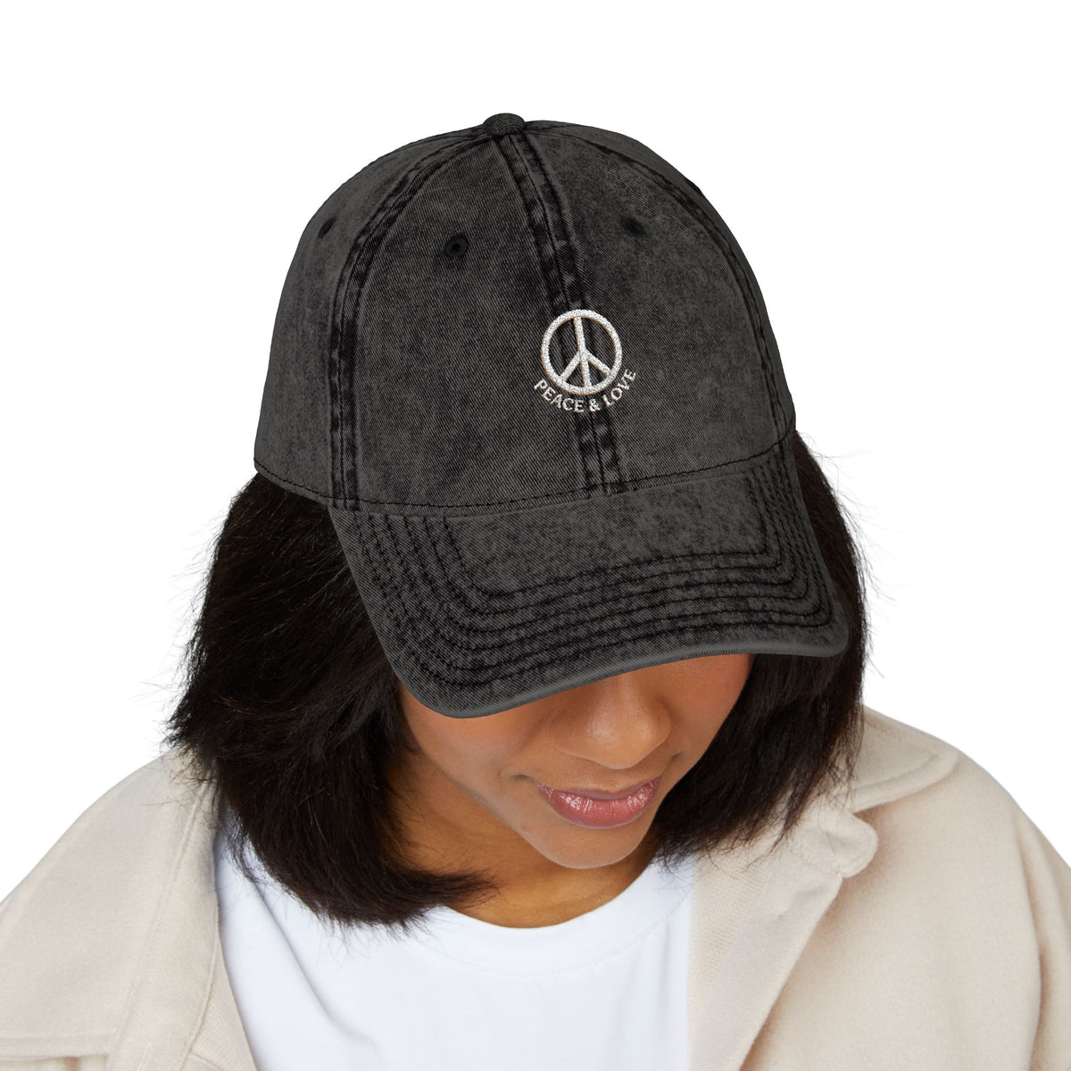 Vintage Embroidered Peace Sign Cap — "Peace & Love" Washed Baseball Hat