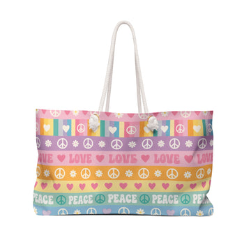 Peace & Love Striped Weekender Bag — Pastel Hippie Travel Tote