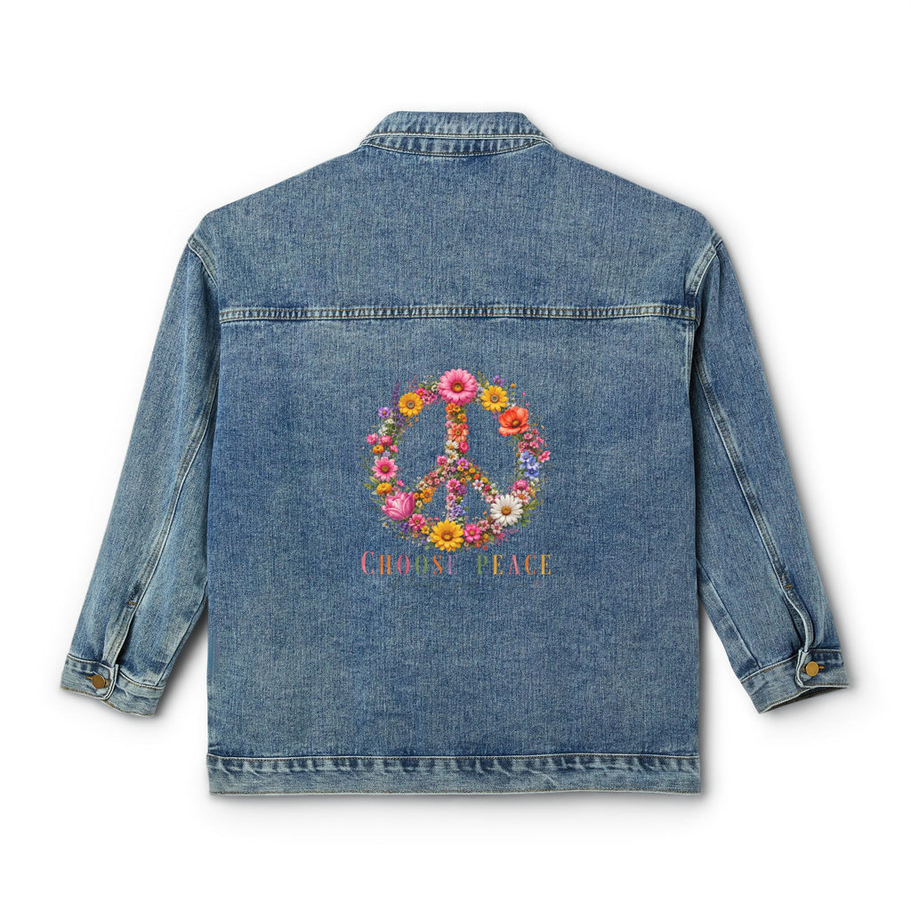 Women's Denim Jacket with Floral Peace Sign Embroidery – Boho Retro Jean Jacket