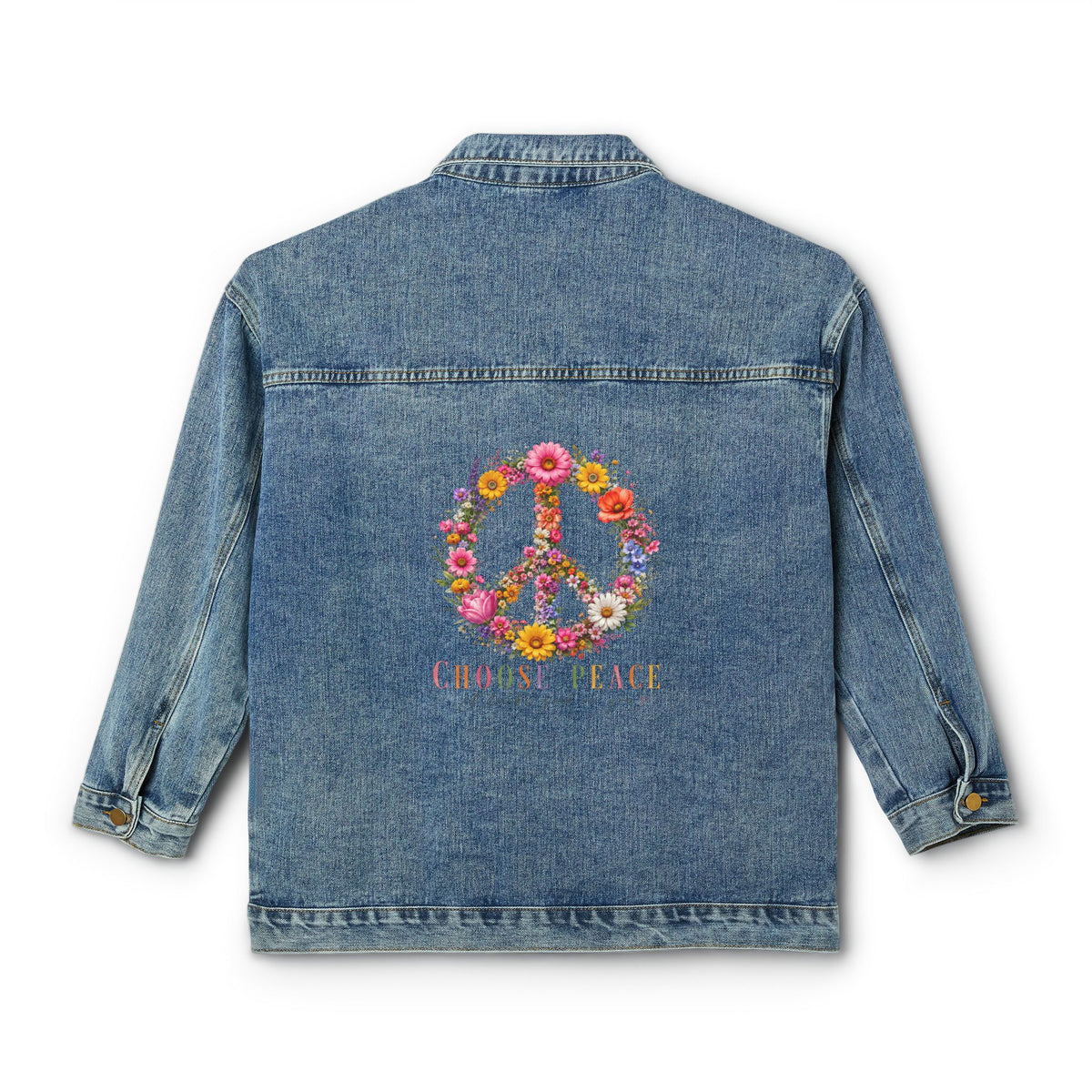 Women's Denim Jacket with Floral Peace Sign Embroidery – Boho Retro Jean Jacket