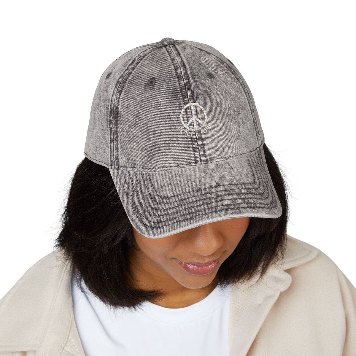 Vintage Embroidered Peace Sign Cap — "Peace & Love" Washed Baseball Hat