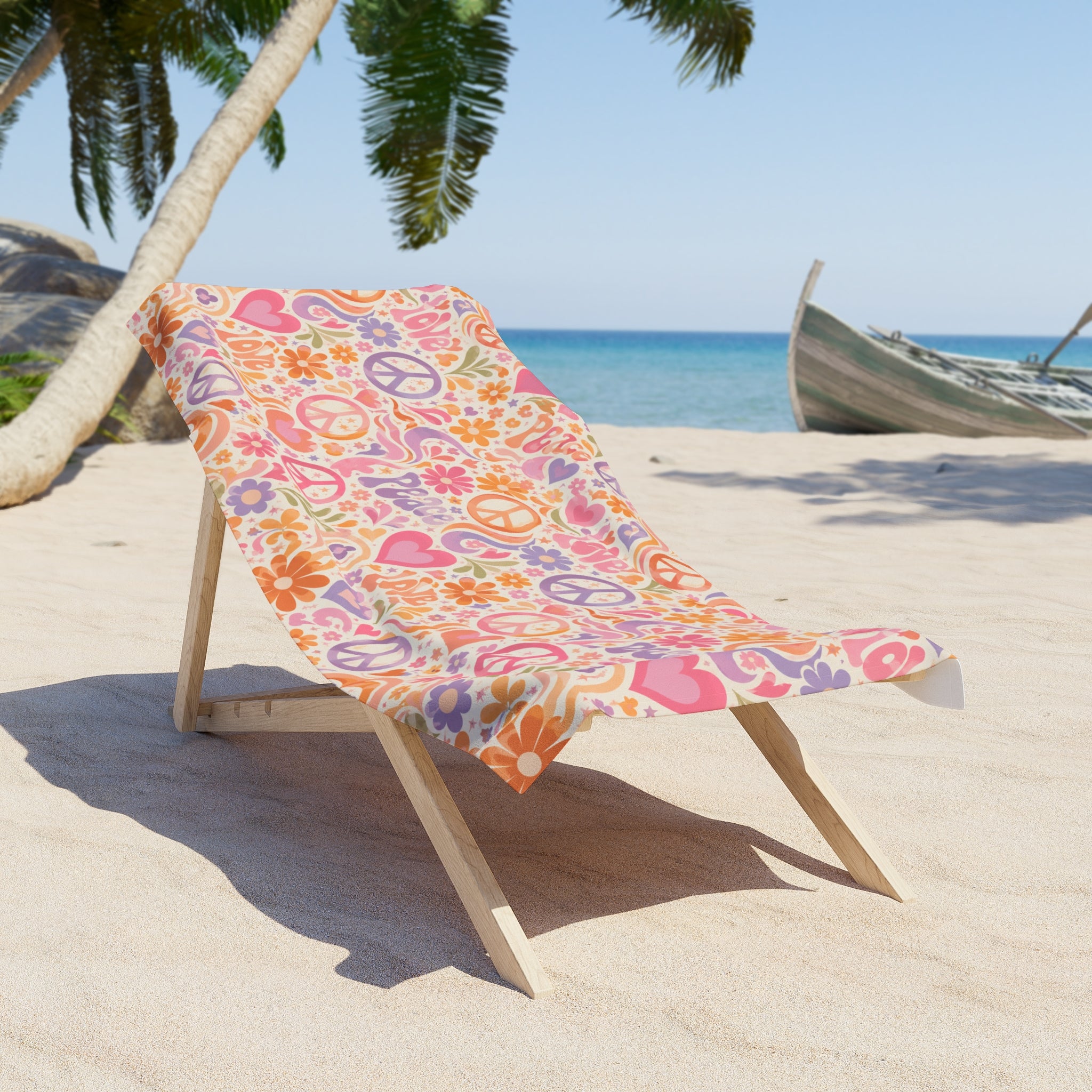 Hippie Peace Floral Beach Towel – Retro Heart & Peace Sign Surf Towels