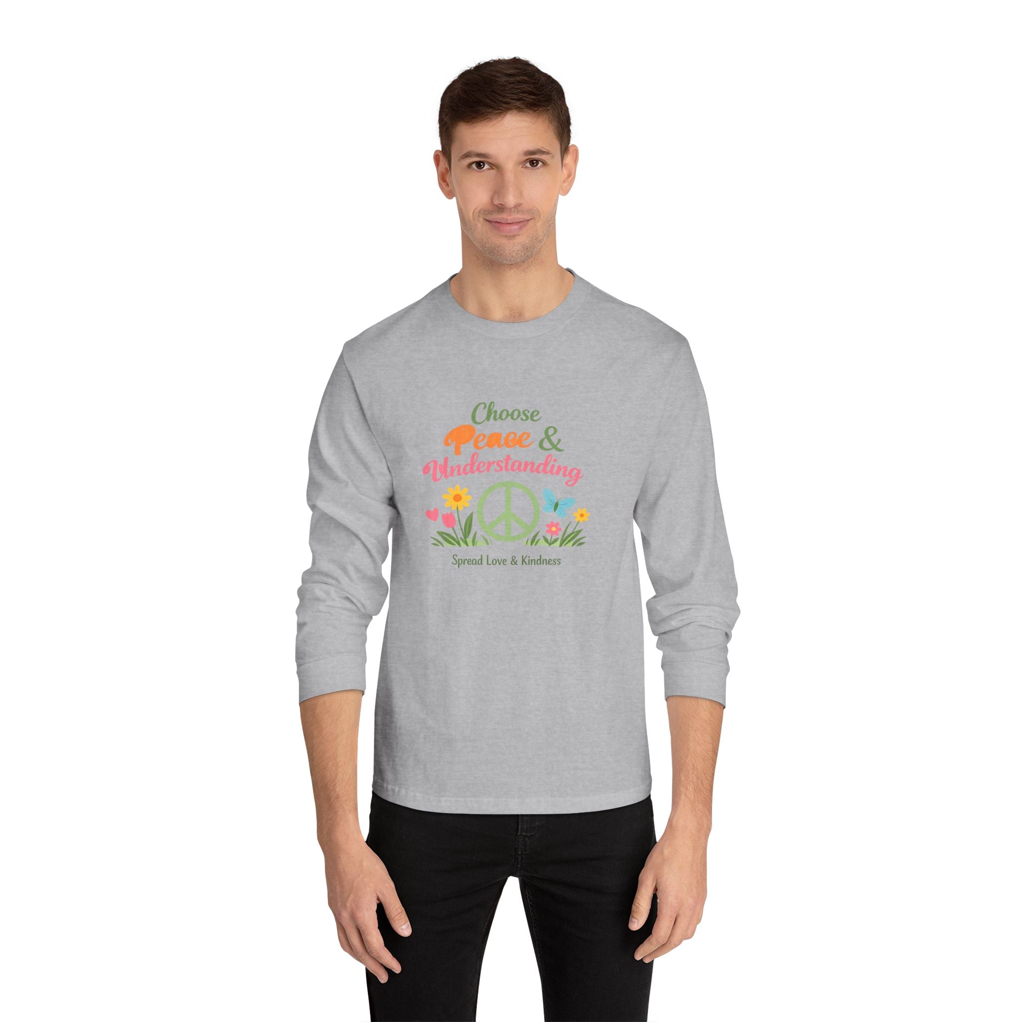 Peace & Understanding Long Sleeve Tee — "Choose Peace & Understanding" Floral Peace Sign Shirt