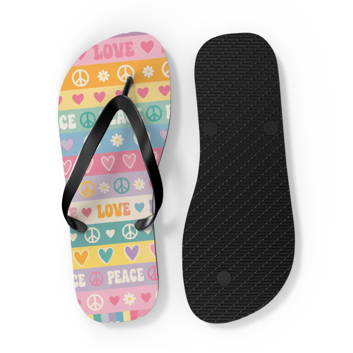 Peace & Love Striped Flip Flops — Colorful Heart & Peace Sign Summer Sandals