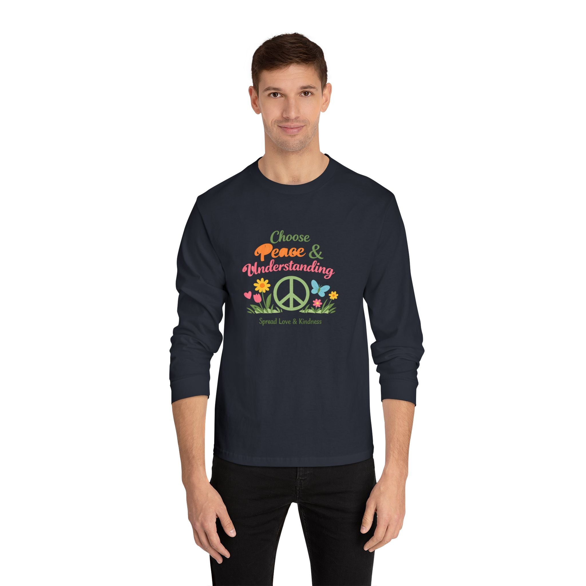 Peace & Understanding Long Sleeve Tee — "Choose Peace & Understanding" Floral Peace Sign Shirt