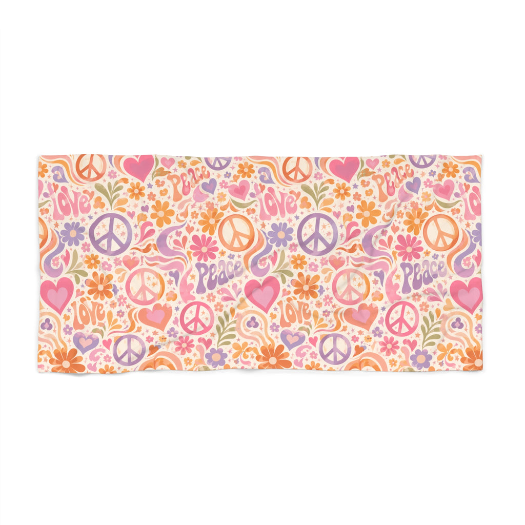 Hippie Peace Floral Beach Towel – Retro Heart & Peace Sign Surf Towels