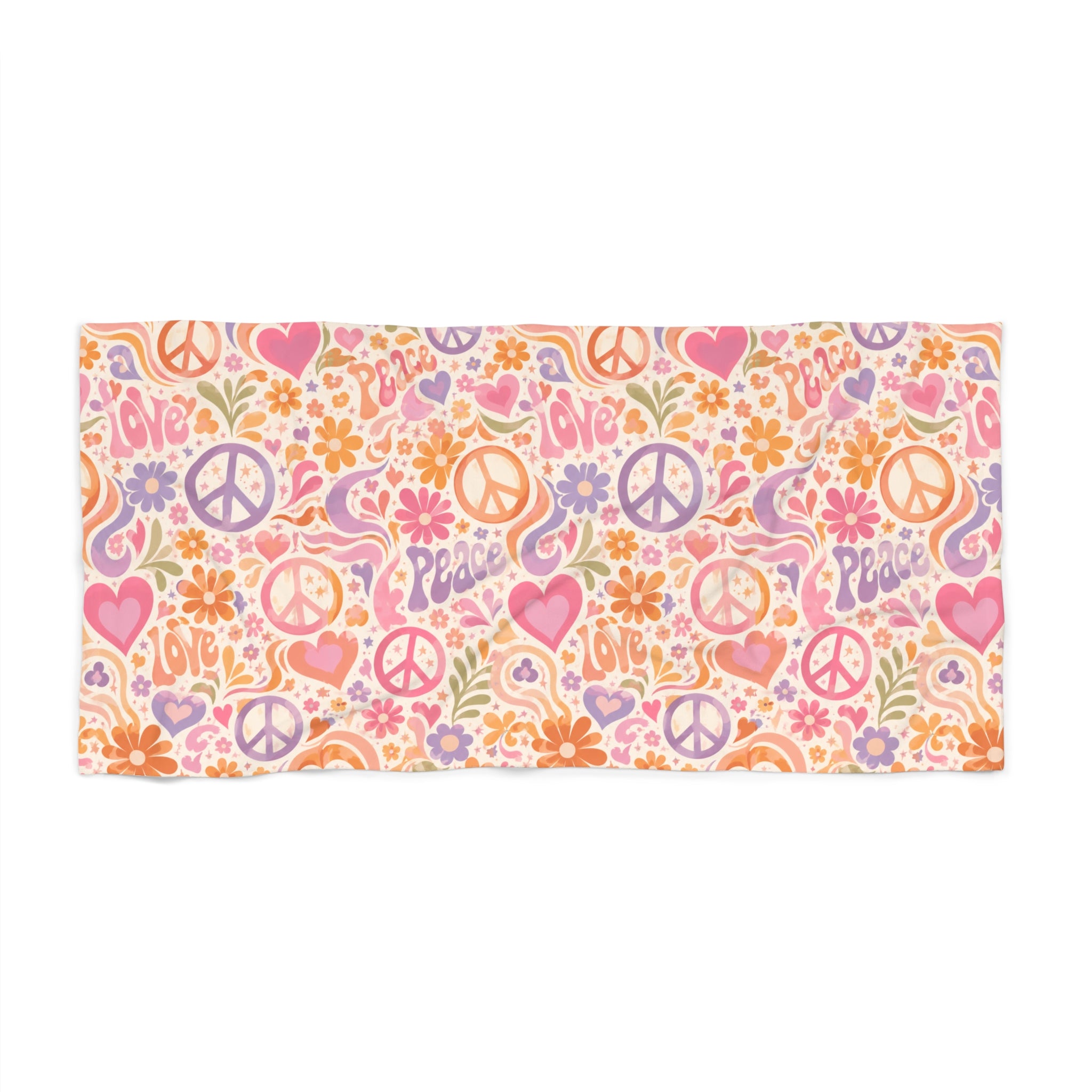 Hippie Peace Floral Beach Towel – Retro Heart & Peace Sign Surf Towels