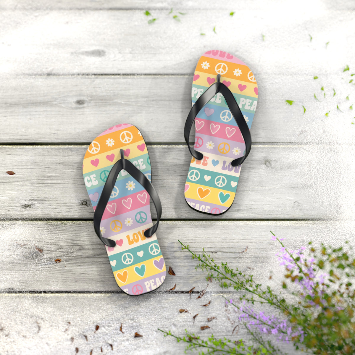 Peace & Love Striped Flip Flops — Colorful Heart & Peace Sign Summer Sandals