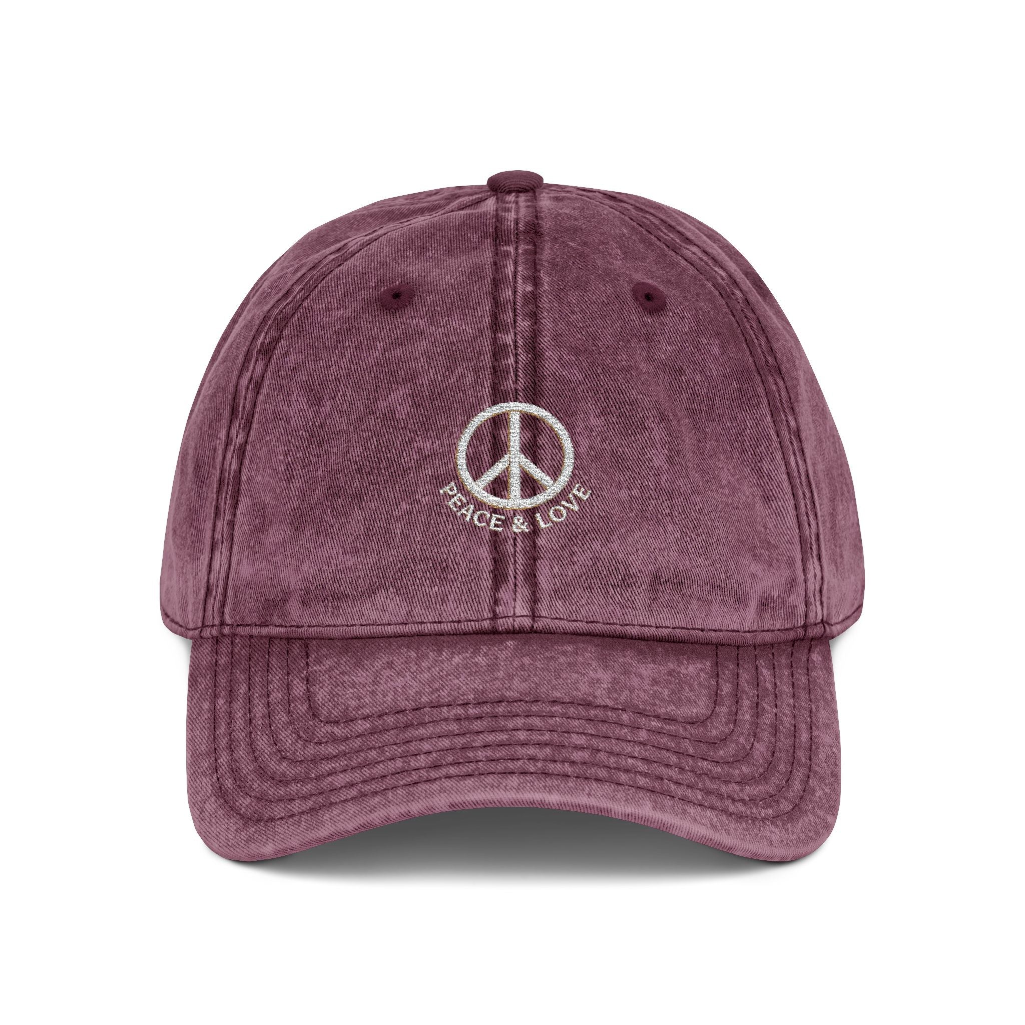Vintage Embroidered Peace Sign Cap — "Peace & Love" Washed Baseball Hat