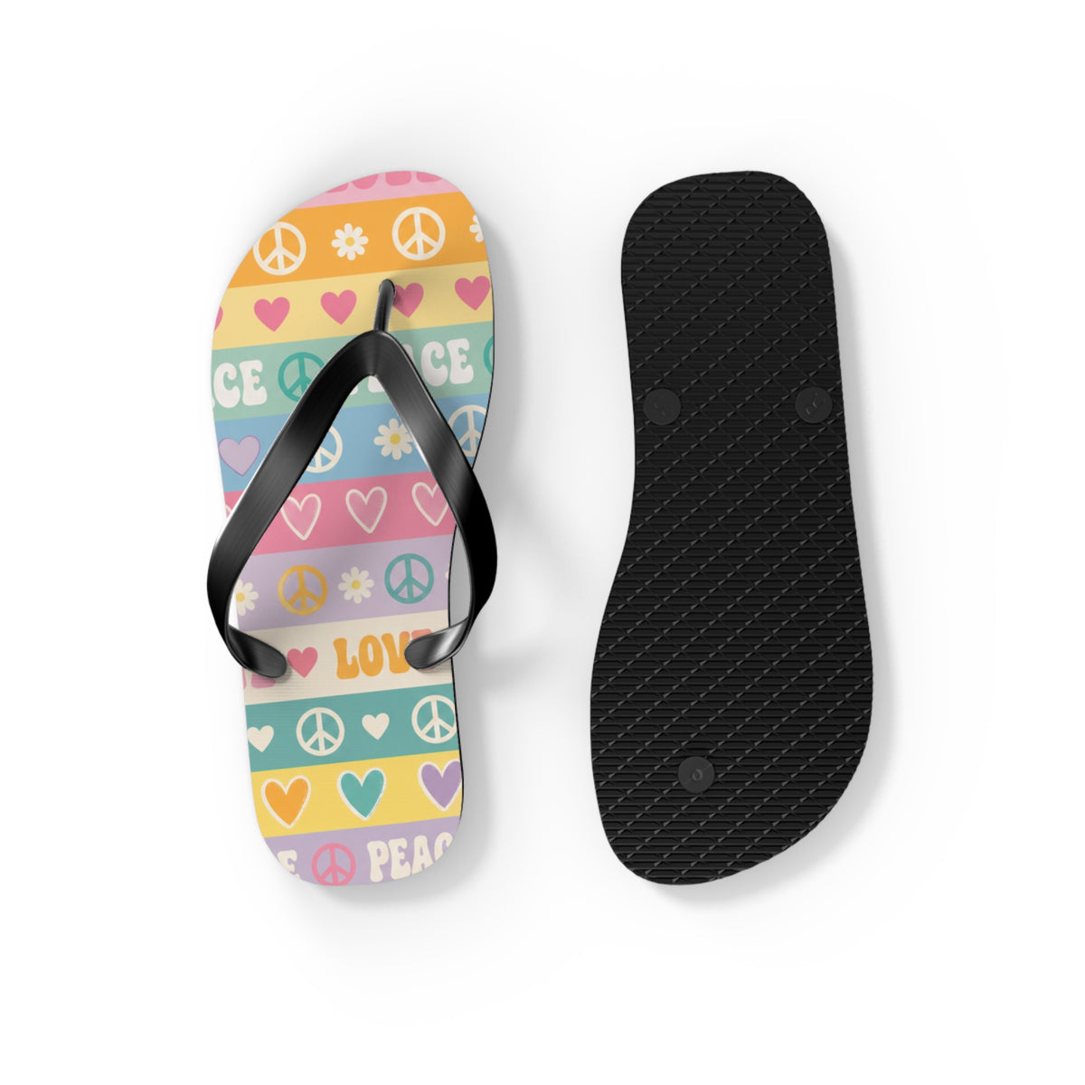 Peace & Love Striped Flip Flops — Colorful Heart & Peace Sign Summer Sandals