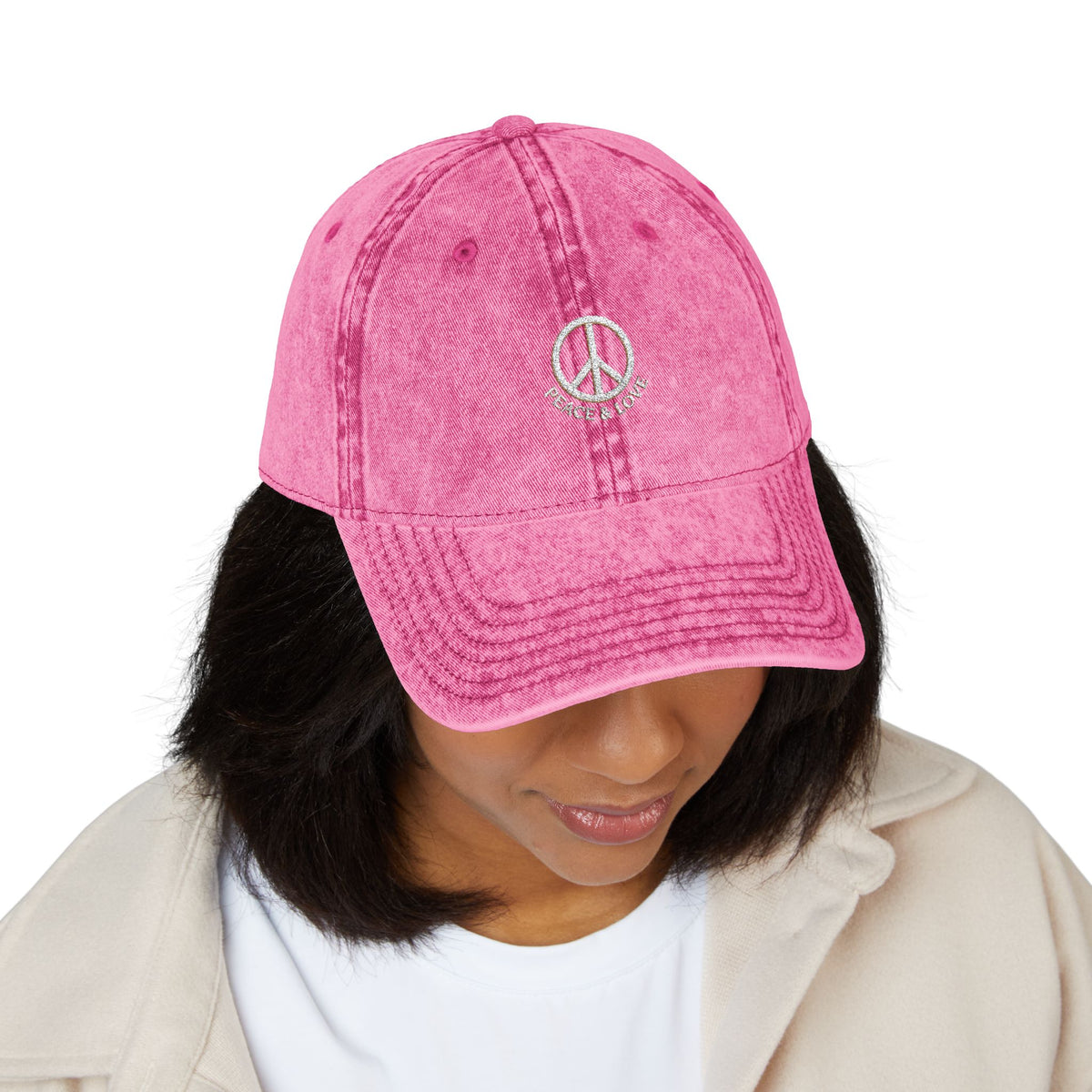Vintage Embroidered Peace Sign Cap — "Peace & Love" Washed Baseball Hat
