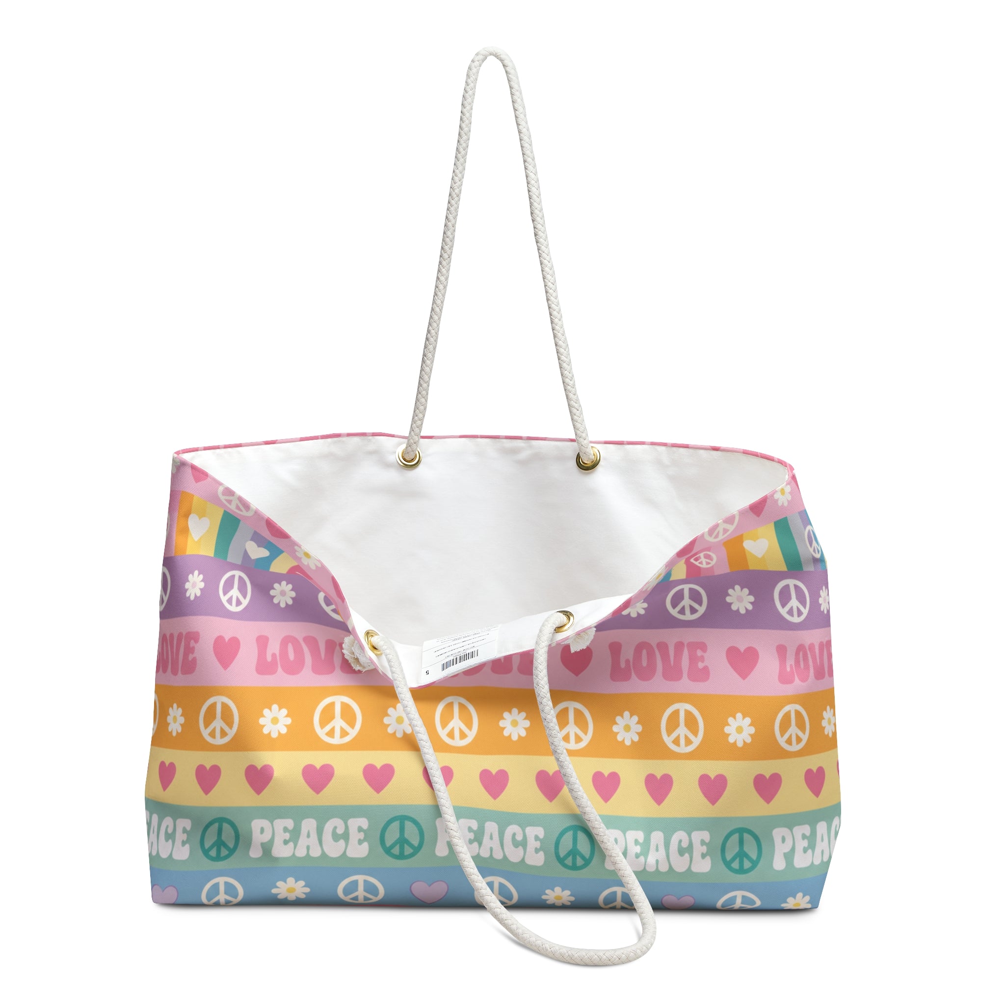 Peace & Love Striped Weekender Bag — Pastel Hippie Travel Tote