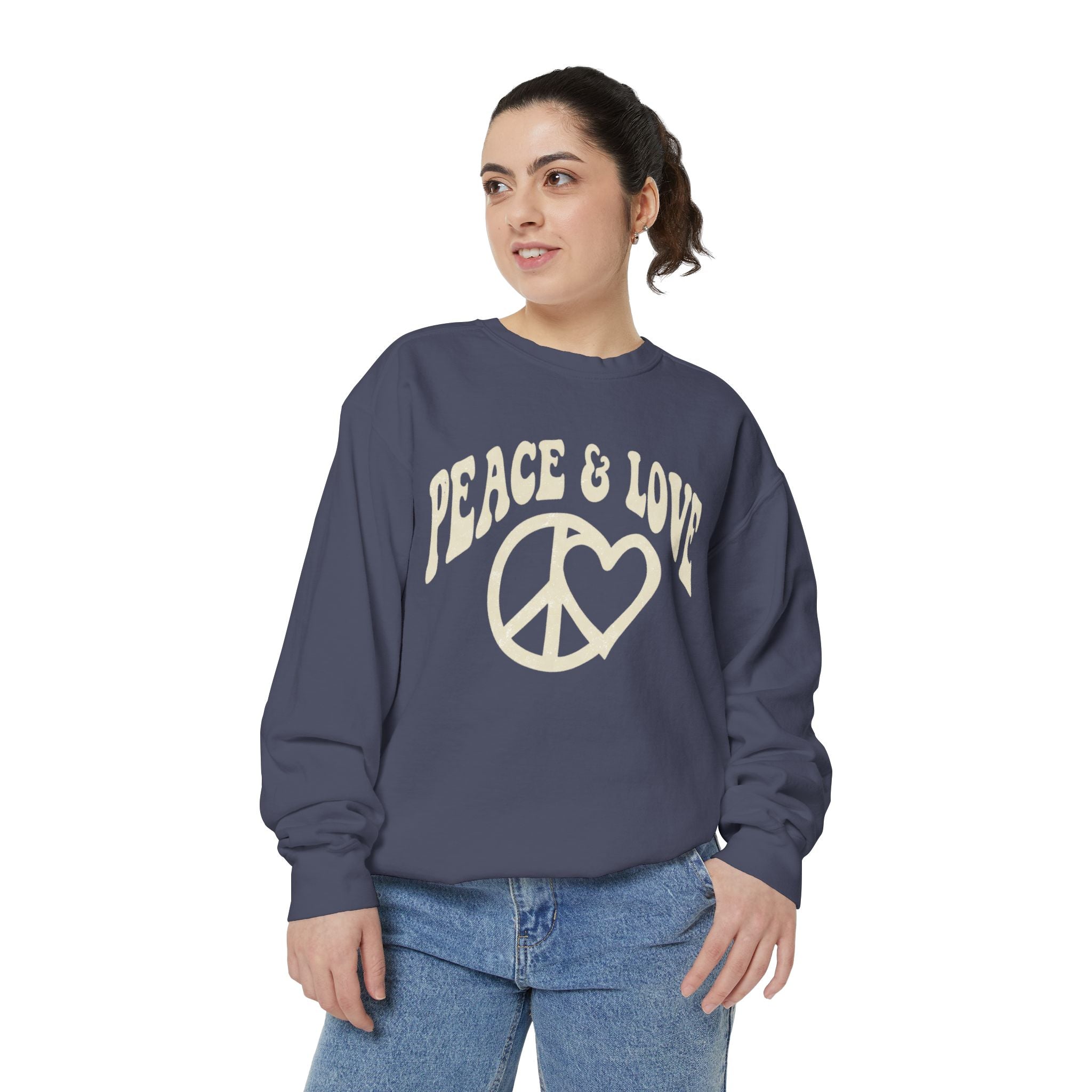 Peace & Love Sweatshirt — Retro Peace Heart Graphic Crewneck