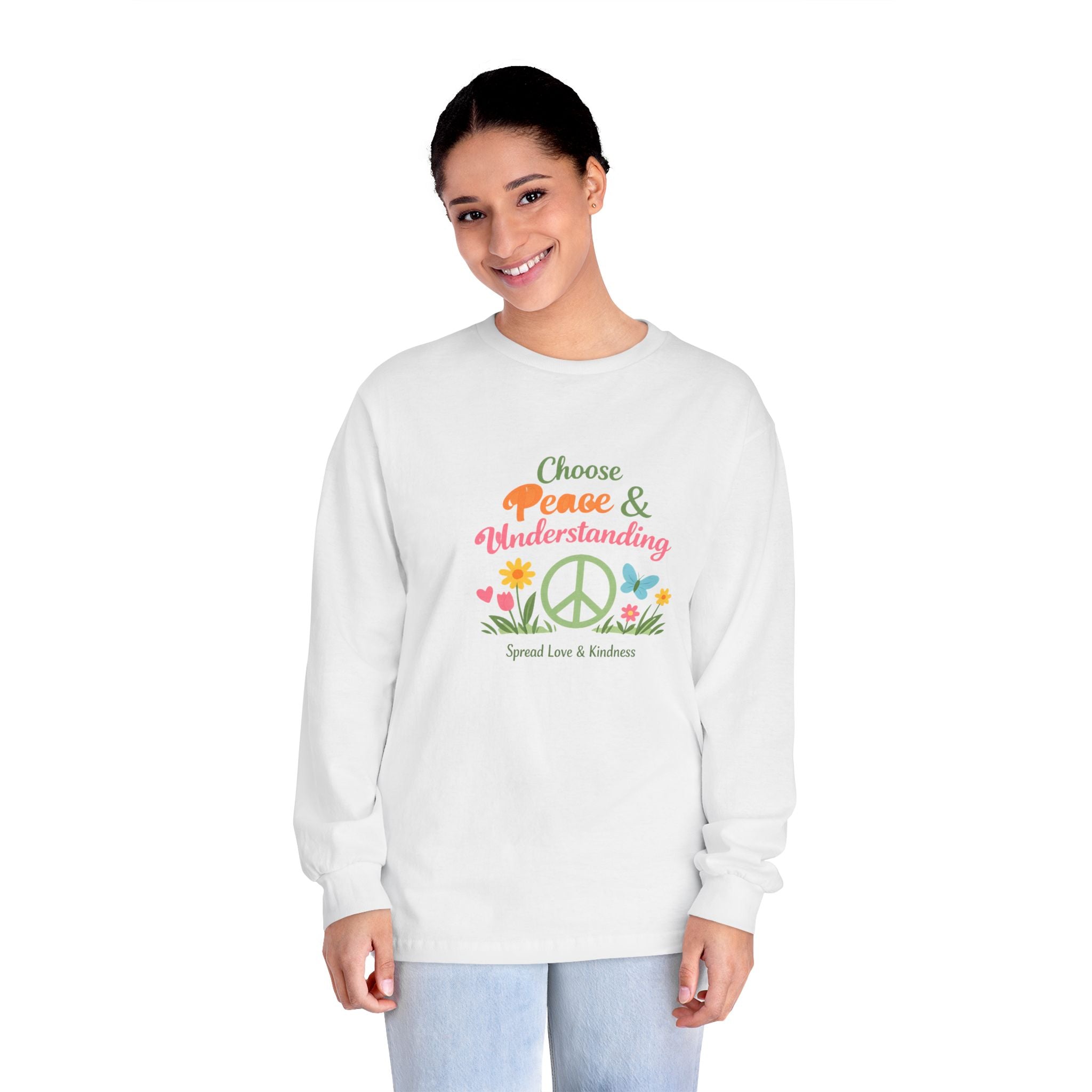 Peace & Understanding Long Sleeve Tee — "Choose Peace & Understanding" Floral Peace Sign Shirt