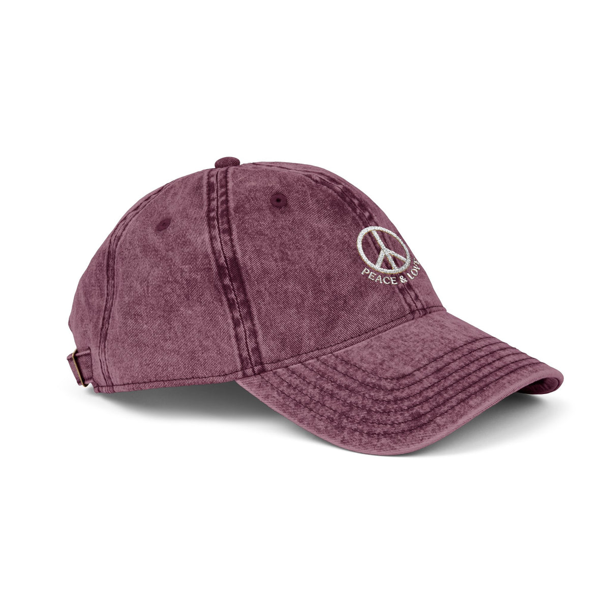 Vintage Embroidered Peace Sign Cap — "Peace & Love" Washed Baseball Hat