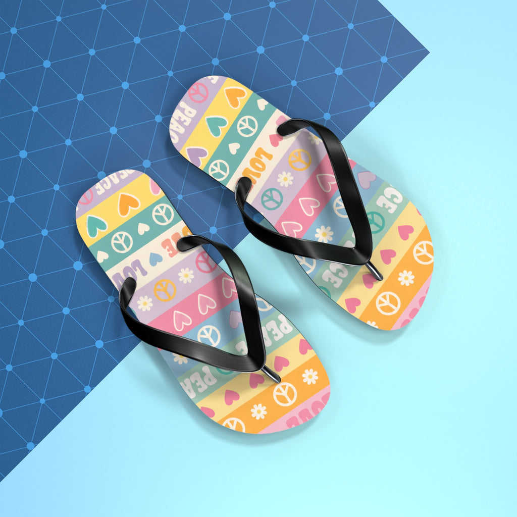 Peace & Love Striped Flip Flops — Colorful Heart & Peace Sign Summer Sandals