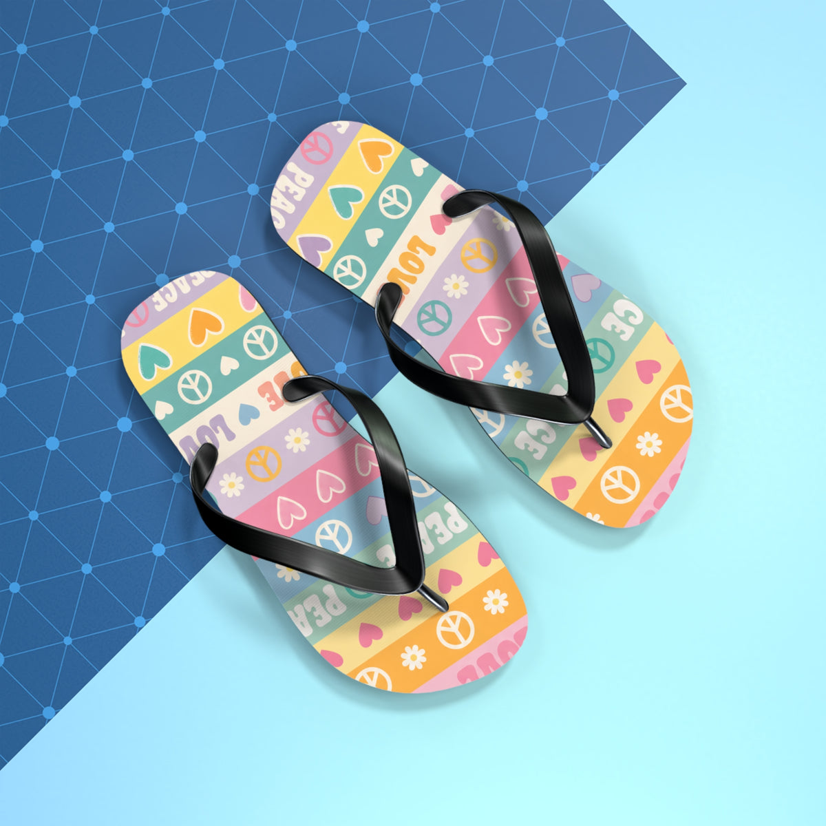 Peace & Love Striped Flip Flops — Colorful Heart & Peace Sign Summer Sandals
