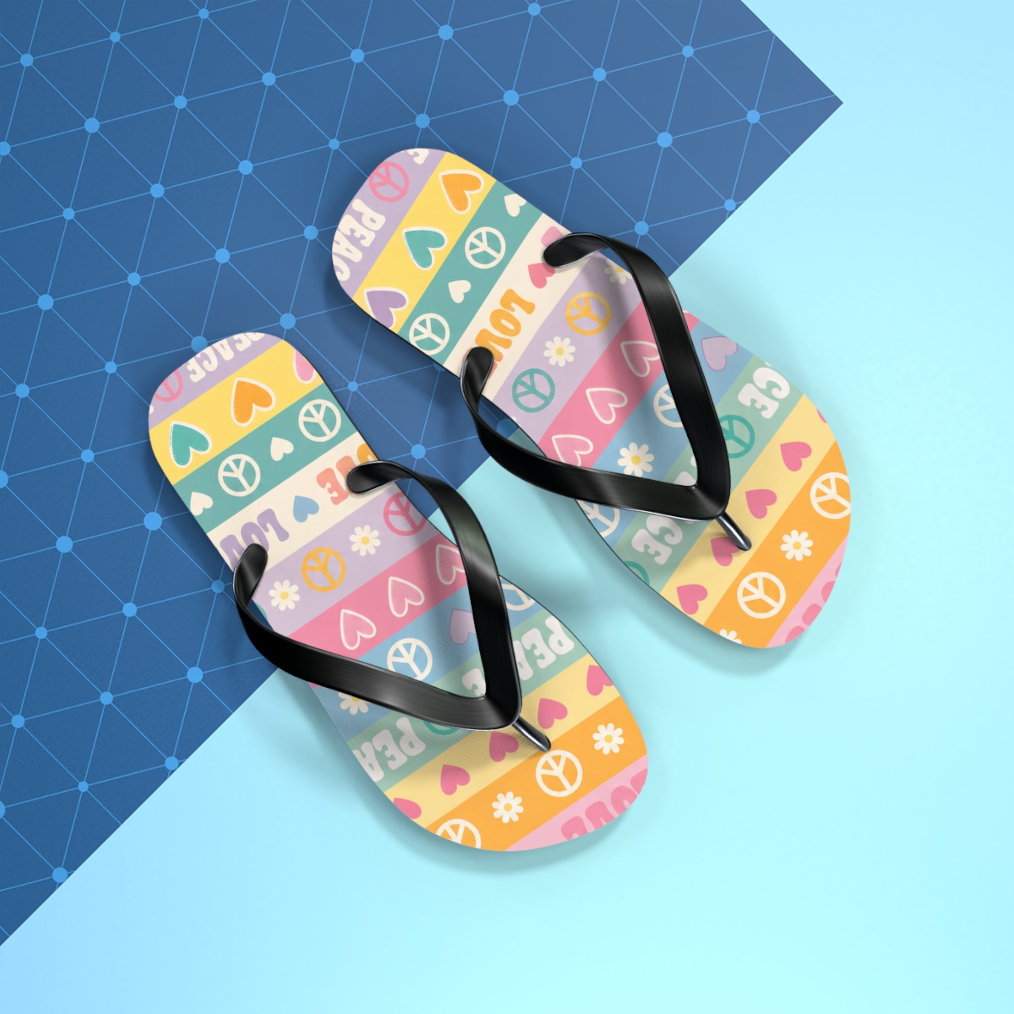 Peace & Love Striped Flip Flops — Colorful Heart & Peace Sign Summer Sandals