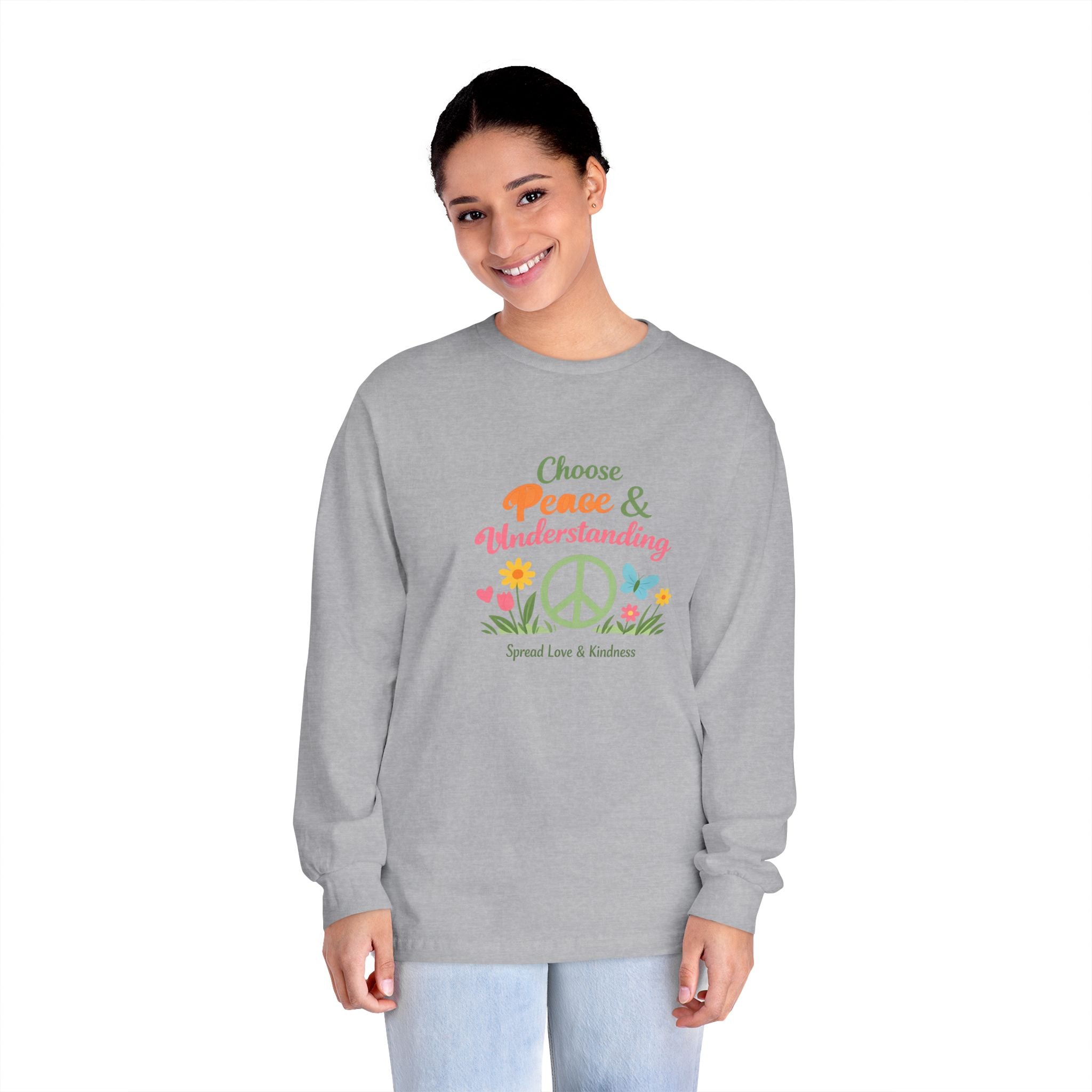 Peace & Understanding Long Sleeve Tee — "Choose Peace & Understanding" Floral Peace Sign Shirt