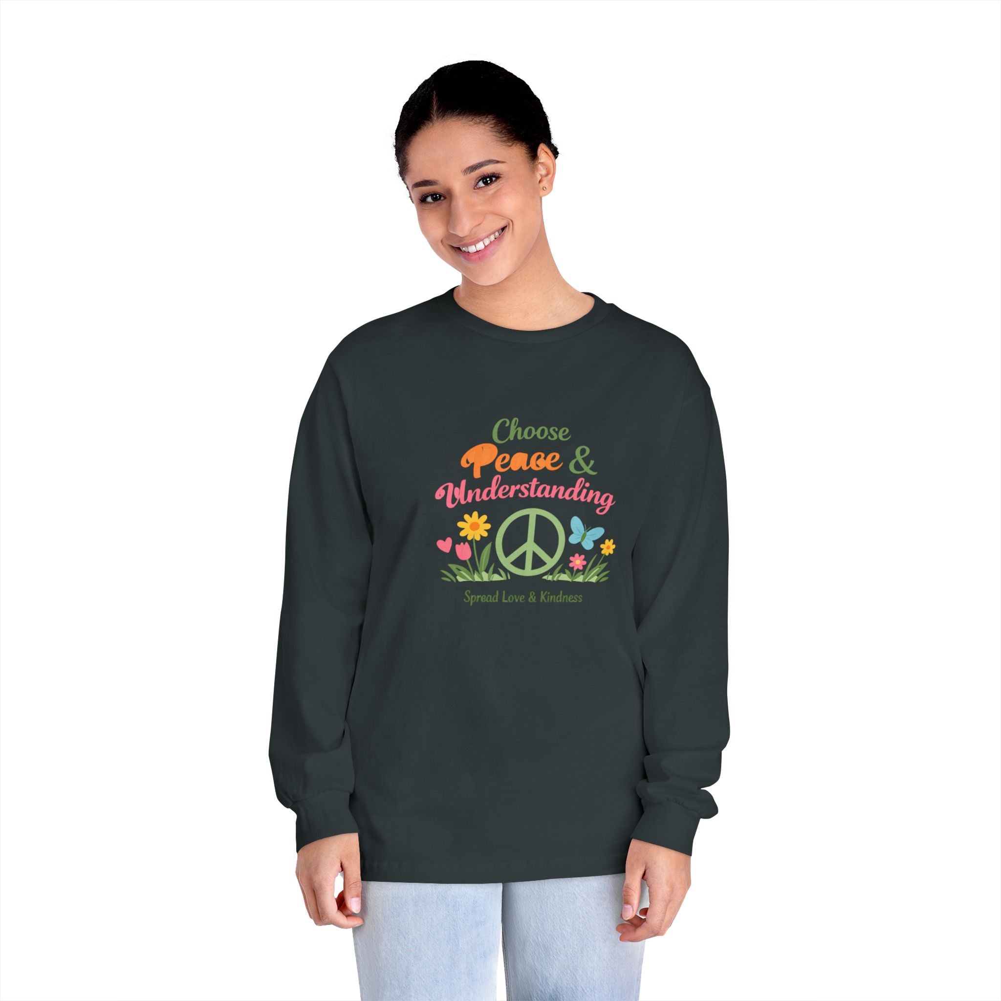 Peace & Understanding Long Sleeve Tee — "Choose Peace & Understanding" Floral Peace Sign Shirt