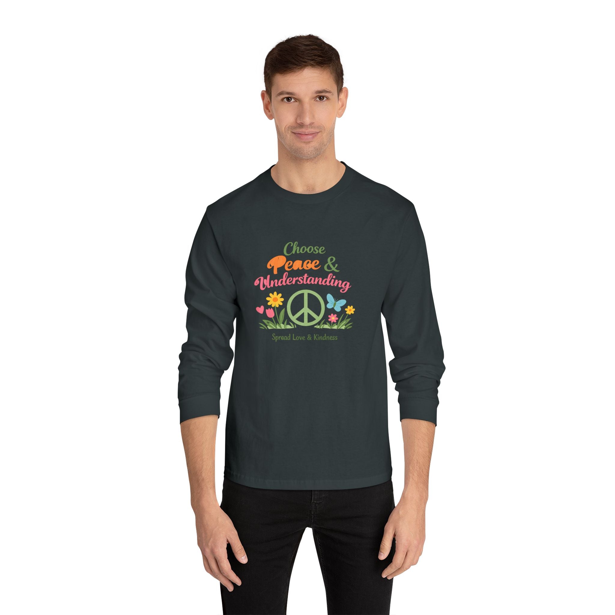 Peace & Understanding Long Sleeve Tee — "Choose Peace & Understanding" Floral Peace Sign Shirt