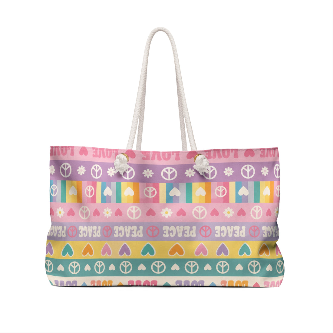 Peace & Love Striped Weekender Bag — Pastel Hippie Travel Tote