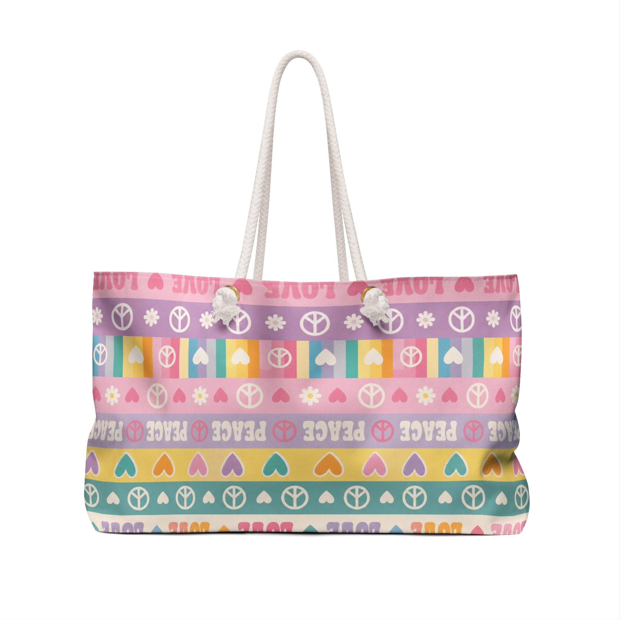 Peace & Love Striped Weekender Bag — Pastel Hippie Travel Tote