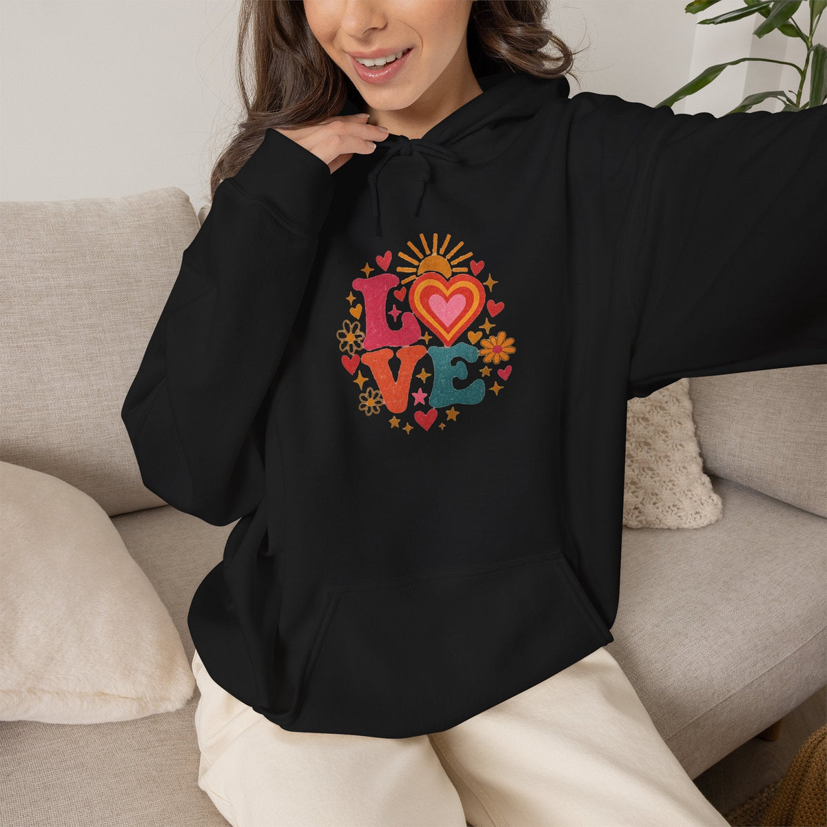 Love Retro Heart Hoodie — Colorful Floral 'LOVE' Graphic Pullover - Hoodie - Start In Style Group