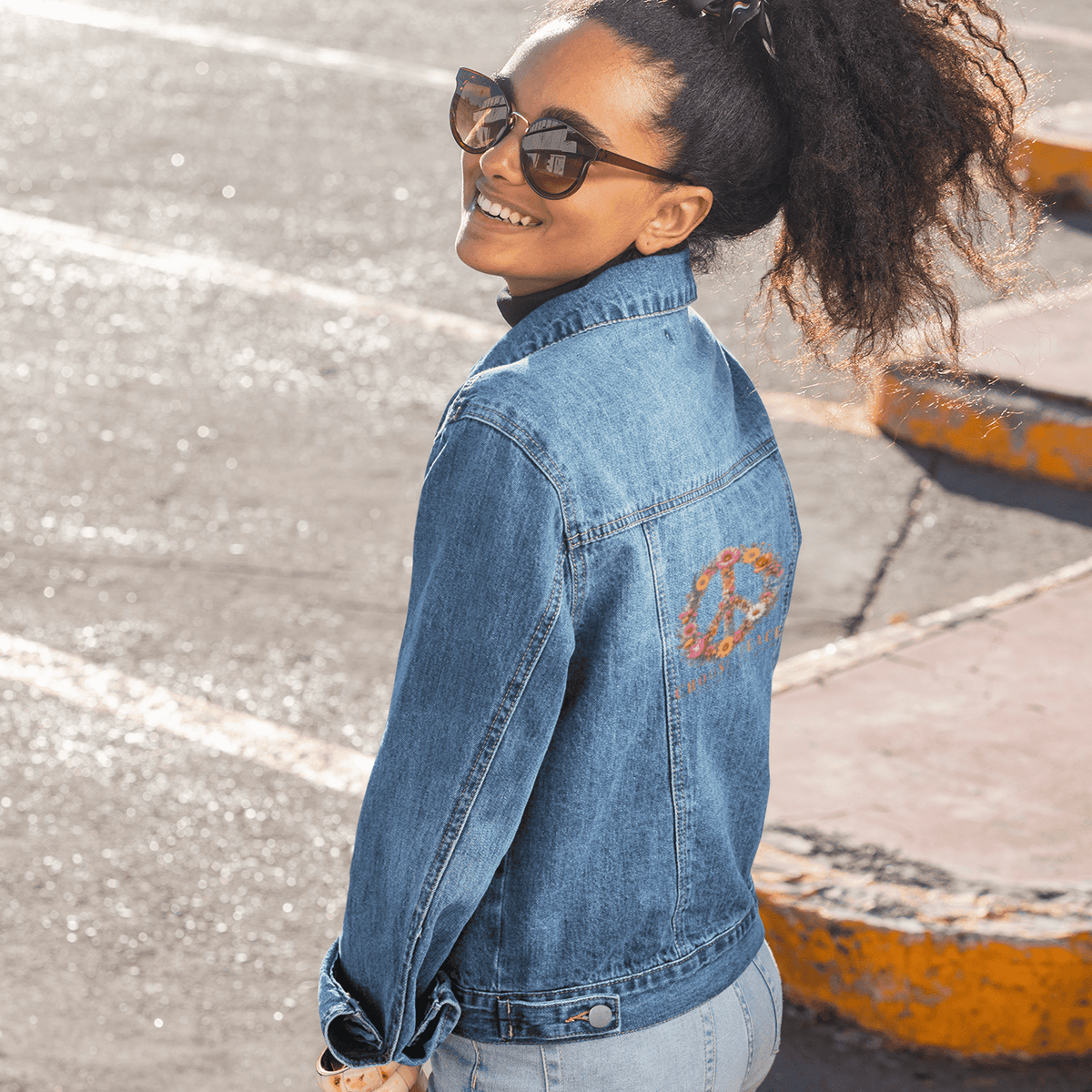 Women's Denim Jacket with Floral Peace Sign Embroidery – Boho Retro Jean Jacket - Outerwear - Start In Style Group